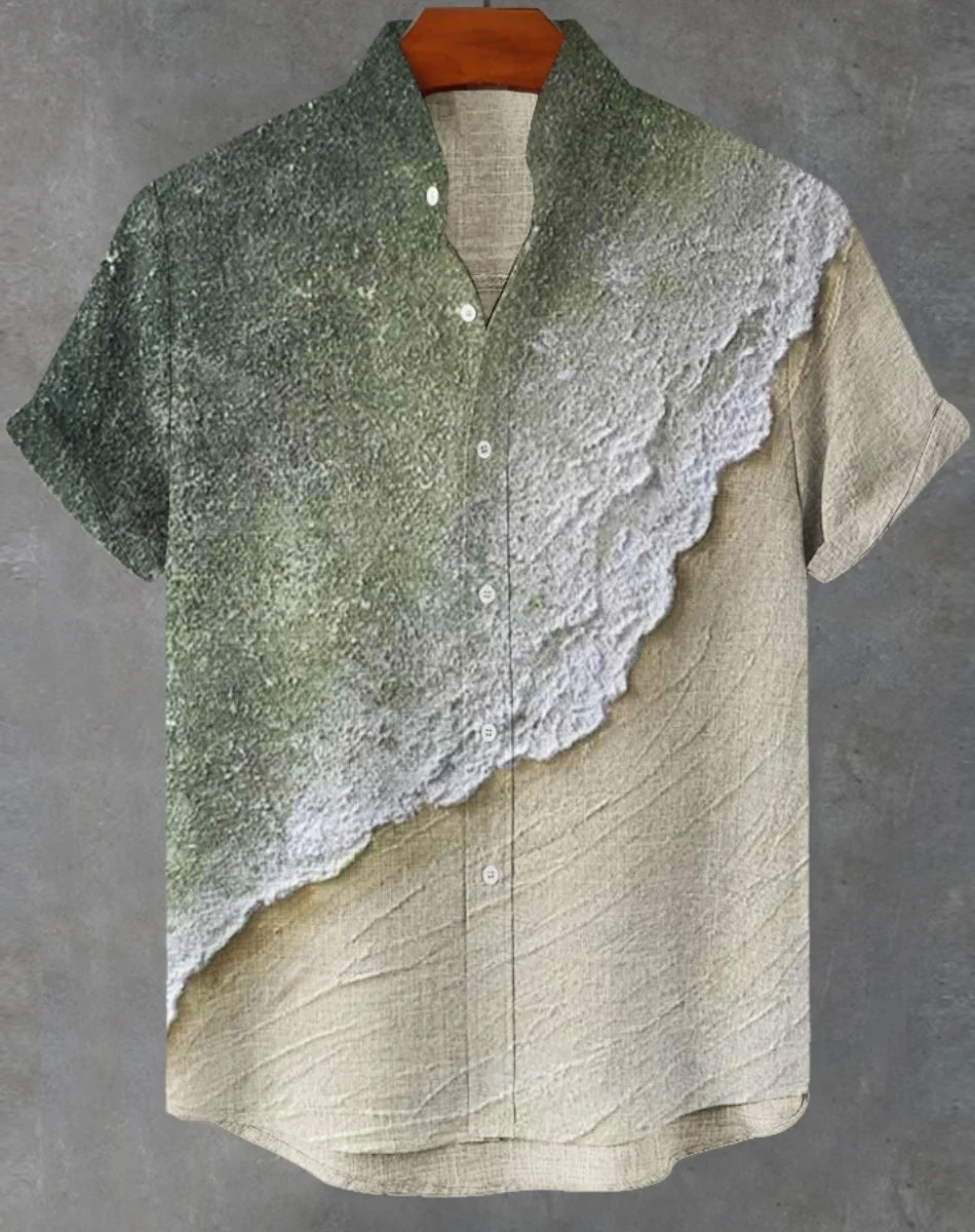 Kavari Royale Hawaiian Men’s Linen Shirt – Abstract Patchwork Art Print Beach Vacation Short Sleeve Casual Wear