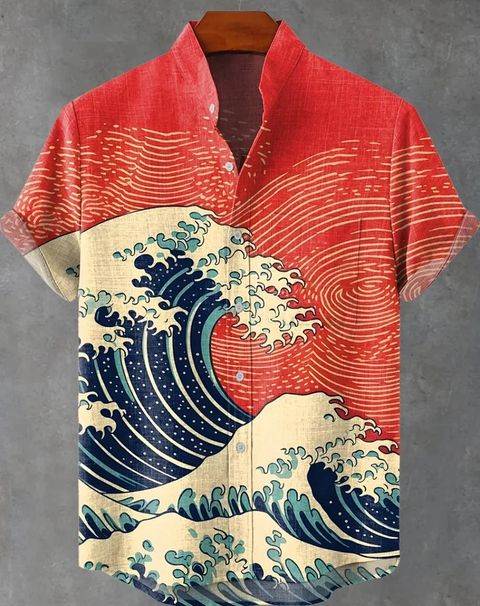 Kavari Royale Hawaiian Men’s Linen Shirt – Abstract Patchwork Art Print Beach Vacation Short Sleeve Casual Wear