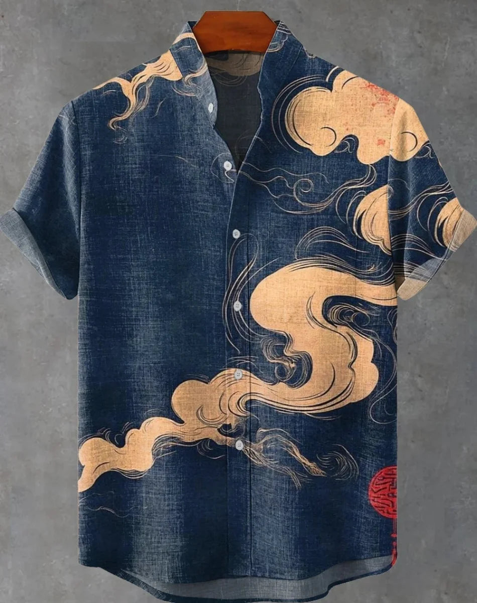 Kavari Royale Hawaiian Men’s Linen Shirt – Abstract Patchwork Art Print Beach Vacation Short Sleeve Casual Wear