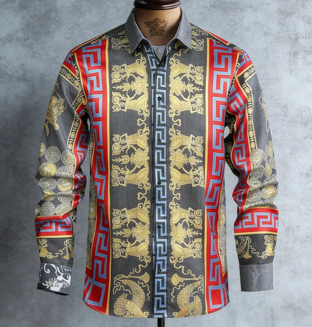 Kavari Royale Men’s French Luxury Baroque Shirt – 3D Printed Long Sleeve Hawaiian Vacation & Wedding Wear