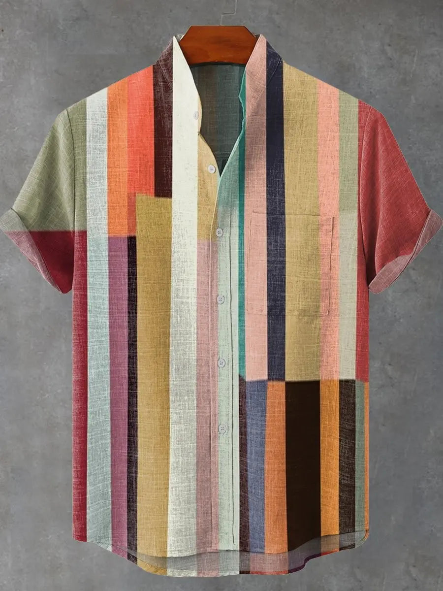 Kavari Royale Men’s Multicolor Geometric Stripe Shirt – 3D Printed Linen Short Sleeve Casual Flap Collar