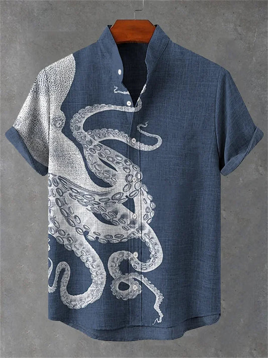 Kavari Royale Men’s Short Sleeve Octopus Print Shirt – Hawaiian Casual Loose Fit Linen-Style Top (XS–6XL)