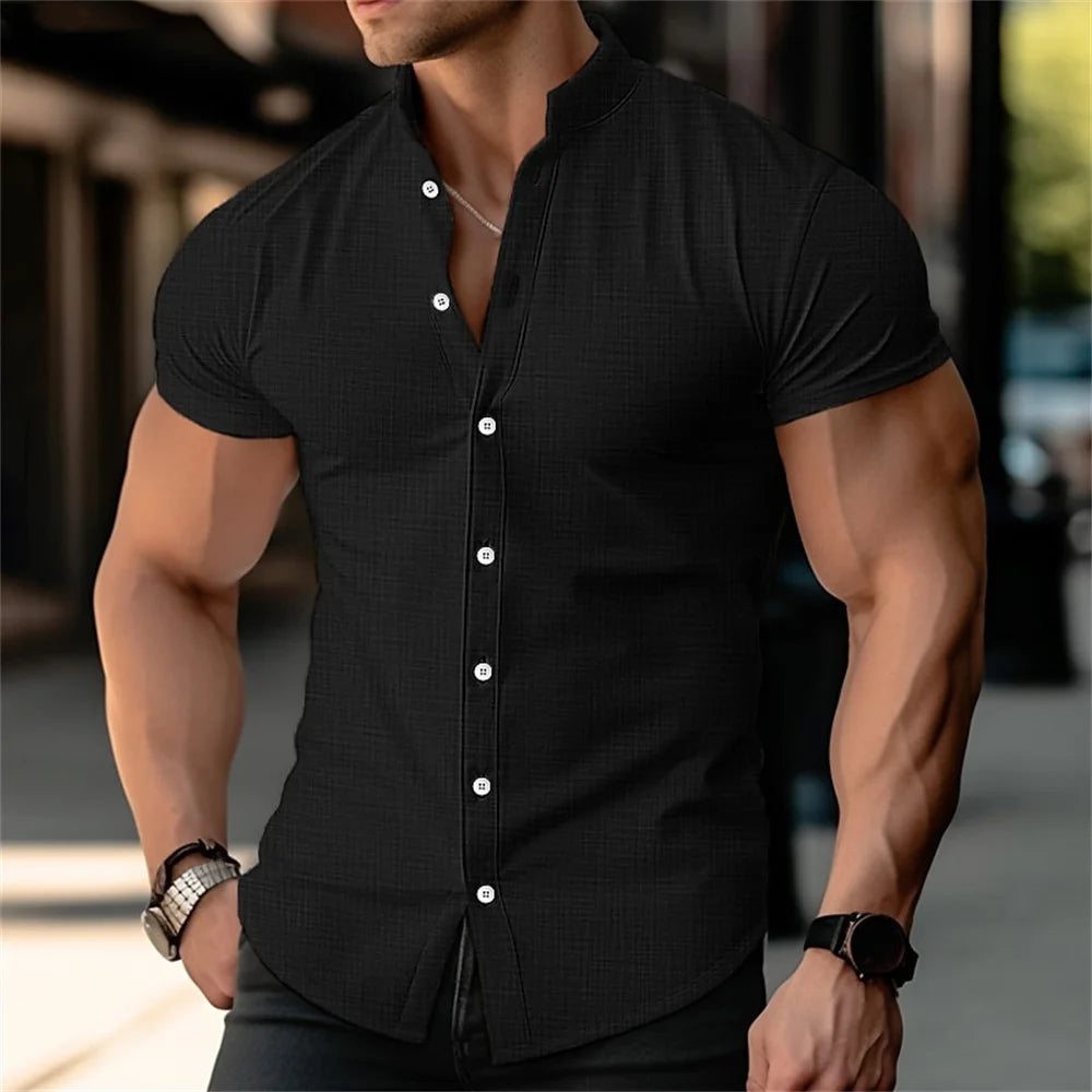 Kavari Royale Stand Collar Linen Shirt – Men’s Short Sleeve Summer Essential Casual Wear