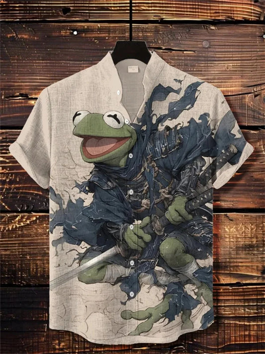 Kavari Royale Men’s Stand Collar Linen Shirt – Creative Printed Short Sleeve Summer Casual Streetwear