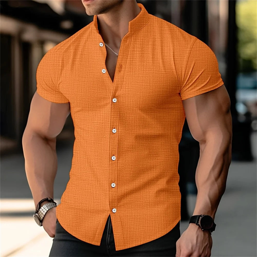 Kavari Royale Stand Collar Linen Shirt – Men’s Short Sleeve Summer Essential Casual Wear