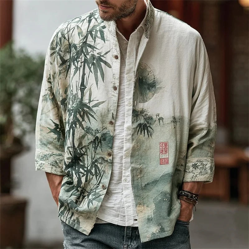 Kavari Royale Men’s Linen Long Sleeve Shirt – 3D Bamboo Leaf Print Hawaiian Lapel Casual Comfort Top