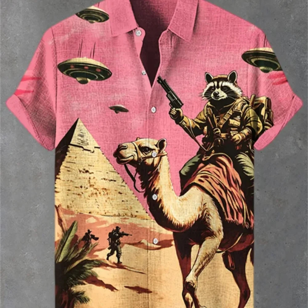 Kavari Royale Men’s Desert Pyramid Cat Print Shirt – Short Sleeve Linen Lapel Casual Streetwear