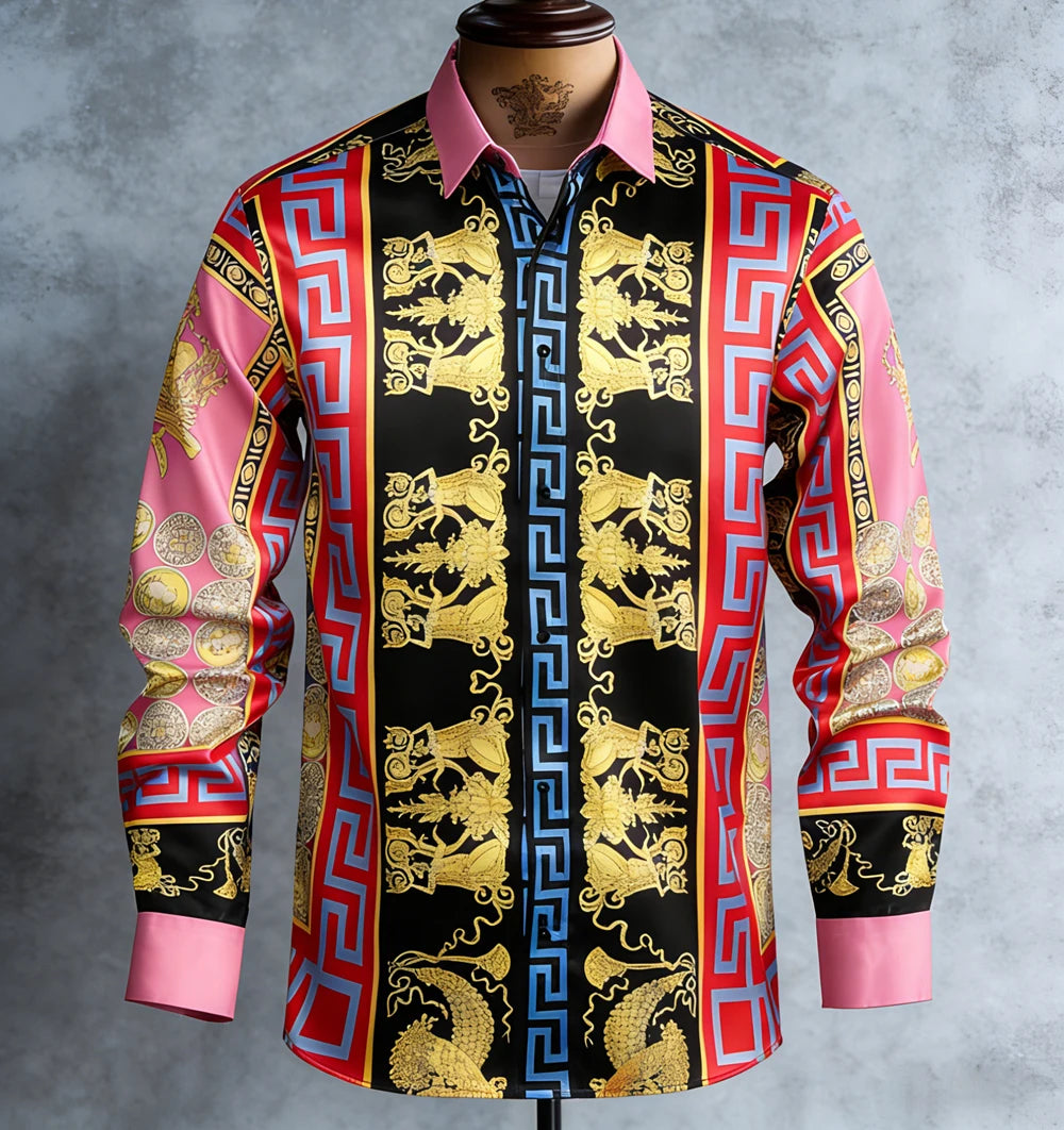 Kavari Royale Men’s French Luxury Baroque Shirt – 3D Printed Long Sleeve Hawaiian Vacation & Wedding Wear