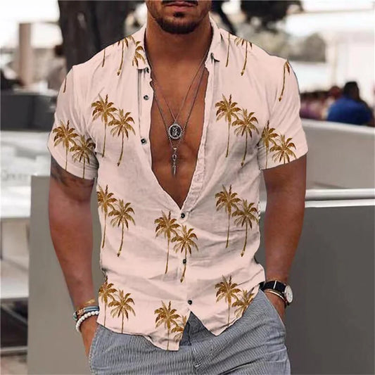 Kavari Royale Men’s Hawaiian Beach Shirt – Coconut Tree Print Short Sleeve Casual Polo Top