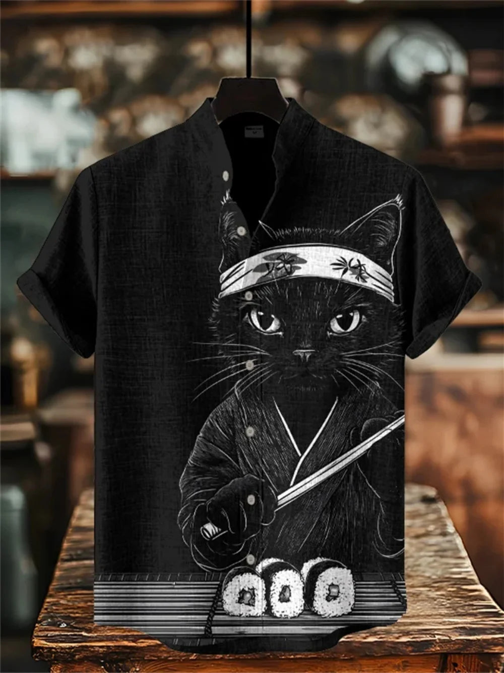 Kavari Royale Men’s Stand Collar Linen Shirt – Creative Printed Short Sleeve Summer Casual Streetwear