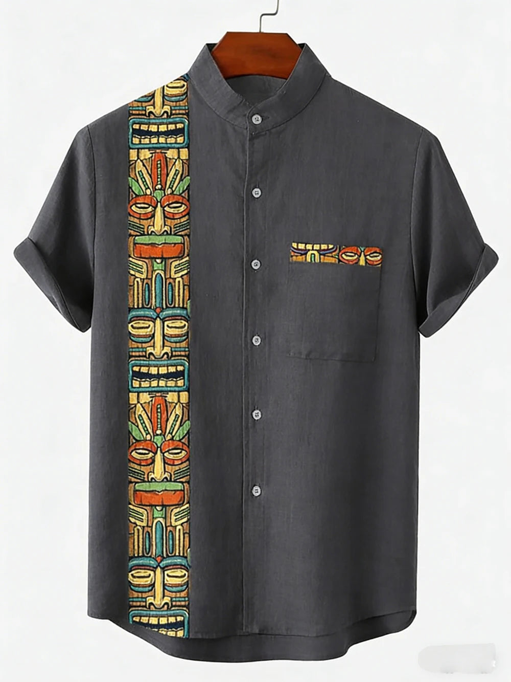 Kavari Royale Men’s Linen Lapel Shirt – Ethnic Totem 3D Printed Hawaiian Short Sleeve Vacation Party Wear