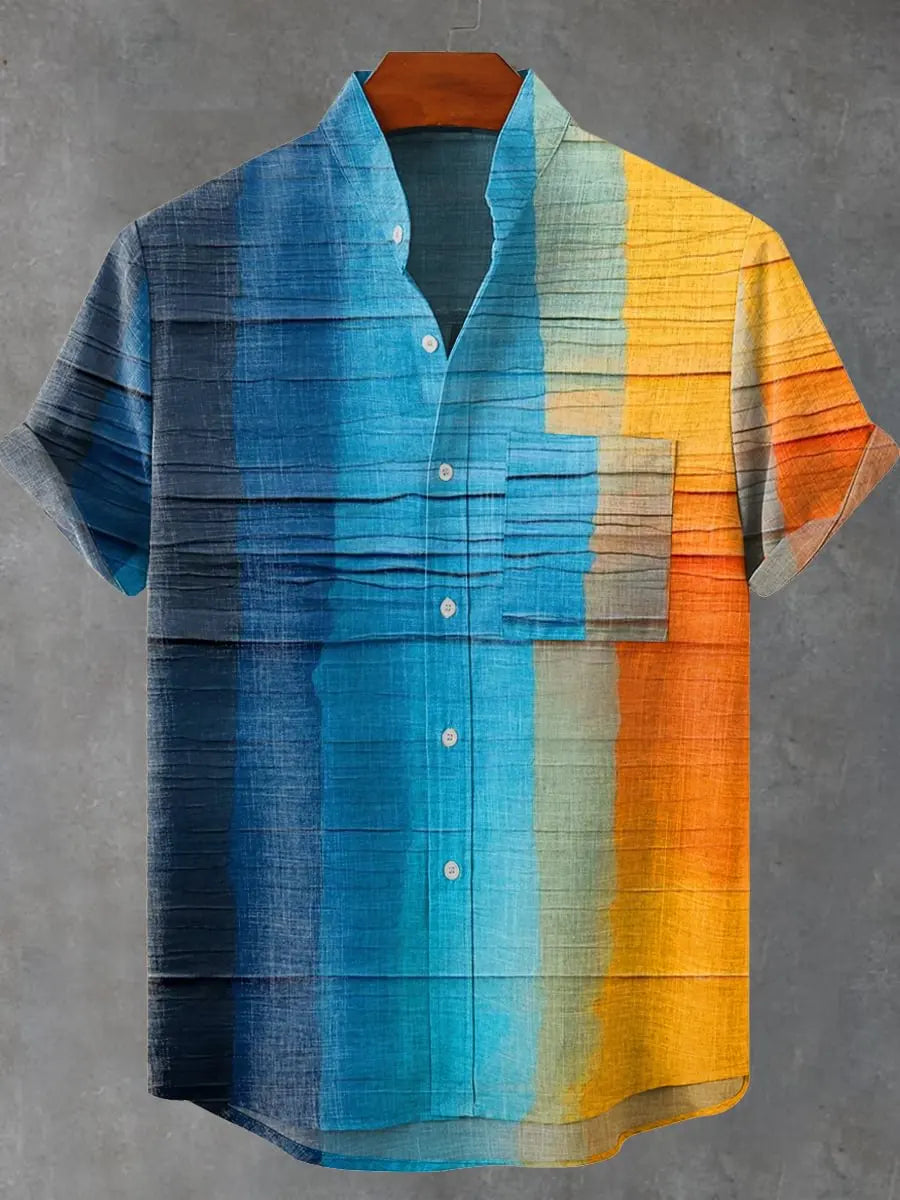 Kavari Royale Men’s Multicolor Geometric Stripe Shirt – 3D Printed Linen Short Sleeve Casual Flap Collar