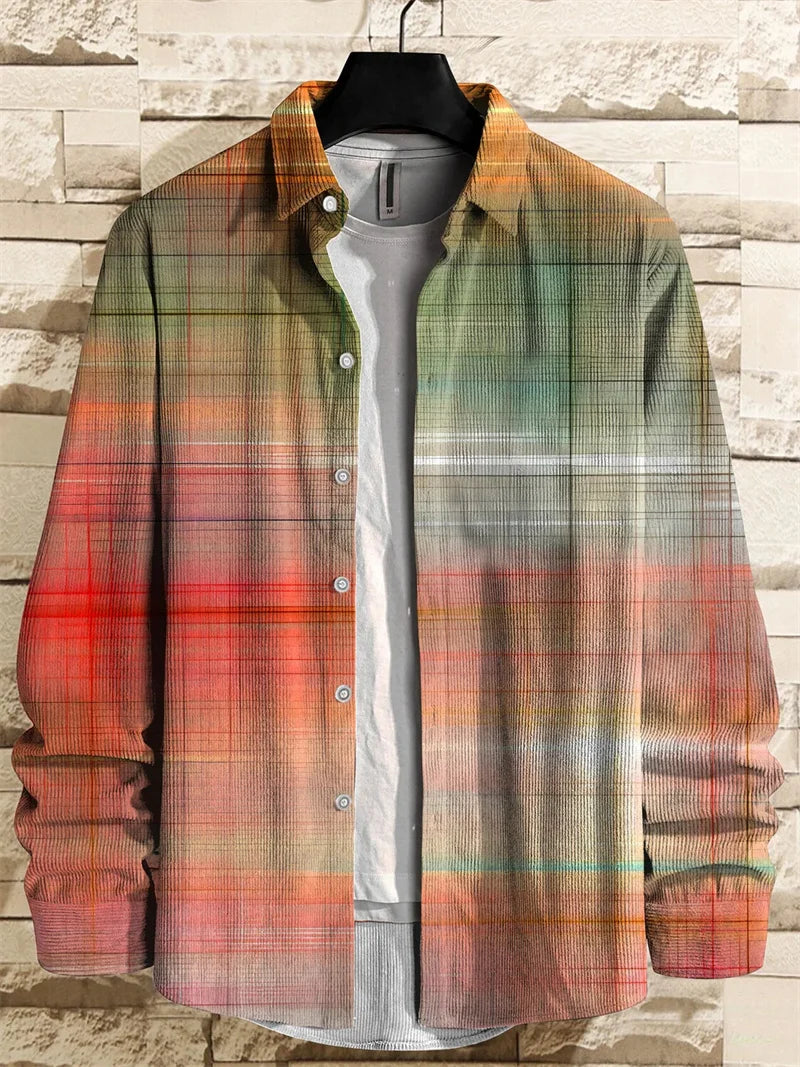 Kavari Royale Men’s Linen Long Sleeve Shirt – 3D Bamboo Leaf Print Hawaiian Lapel Casual Comfort Top