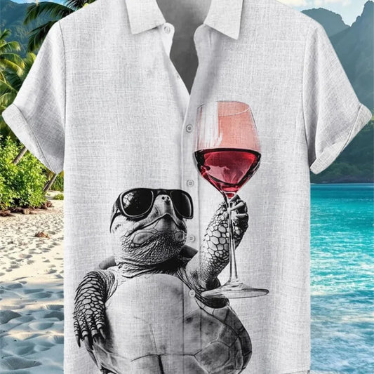 Kavari Royale Men’s Desert Pyramid Cat Print Shirt – Short Sleeve Linen Lapel Casual Streetwear