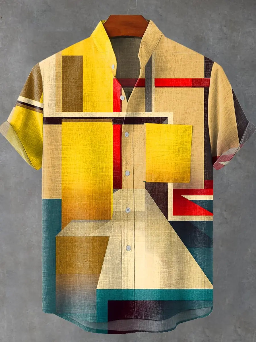Kavari Royale Men’s Multicolor Geometric Stripe Shirt – 3D Printed Linen Short Sleeve Casual Flap Collar