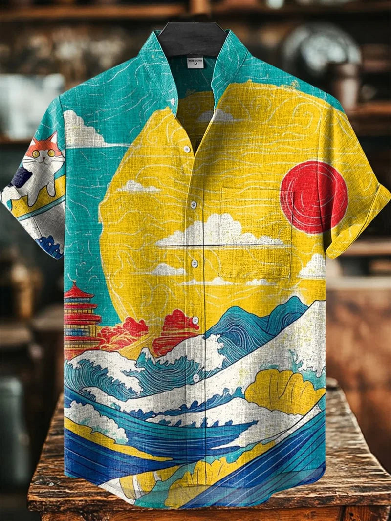 Kavari Royale Men’s Sea Wave 3D Printed Linen Shirt – Short Sleeve Harajuku Streetwear Casual Summer Holiday Top
