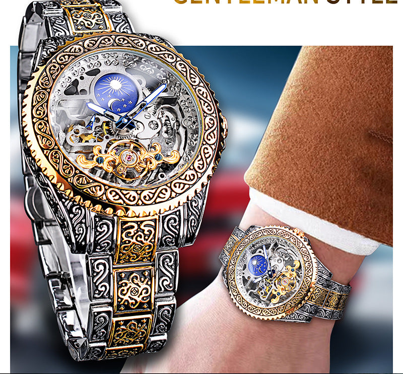 Luxury Men’s Mechanical Watch | Skeleton Carved Tourbillon Stainless Steel Wristwatch