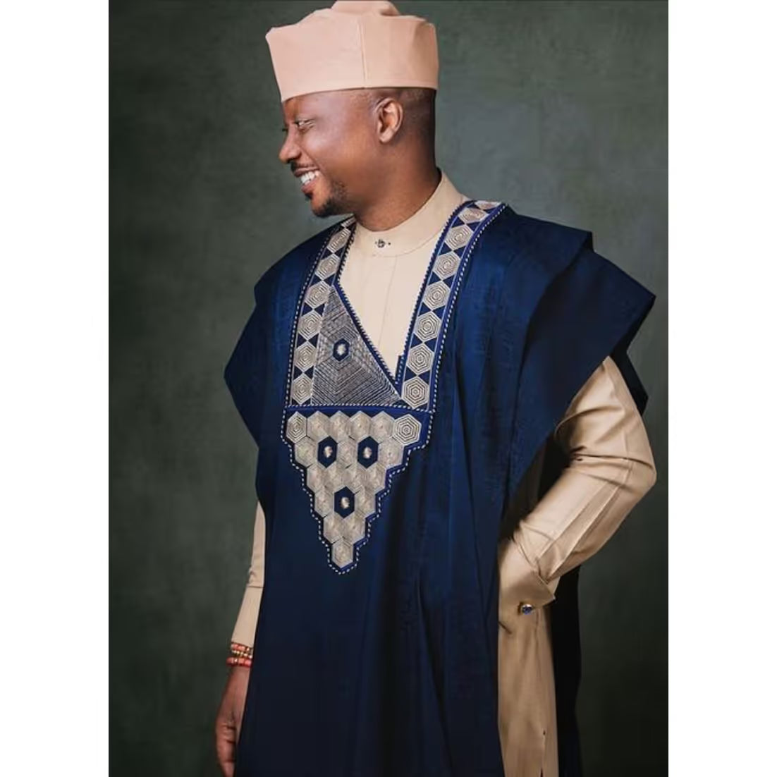 Kavari Royale Men's Agbada: Champagne Gold & Blue African 3-Piece Suit