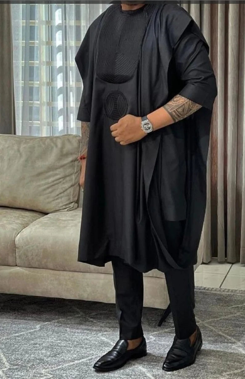 Kavari Royale Black Agbada 3-Piece Set – Handmade African Groom Wear