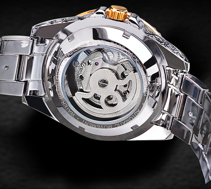Luxury Men’s Mechanical Watch | Skeleton Carved Tourbillon Stainless Steel Wristwatch