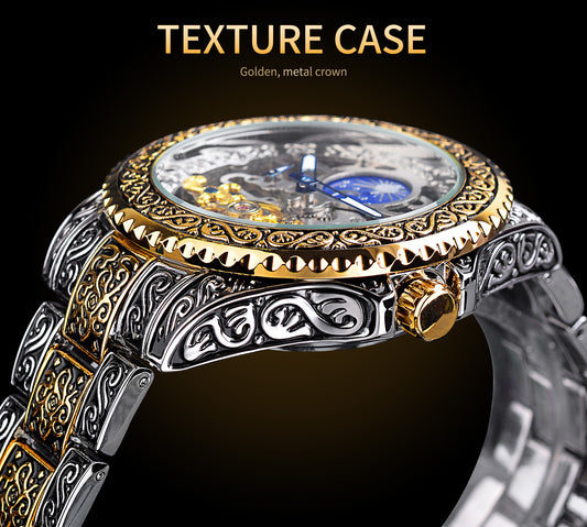 Luxury Men’s Mechanical Watch | Skeleton Carved Tourbillon Stainless Steel Wristwatch