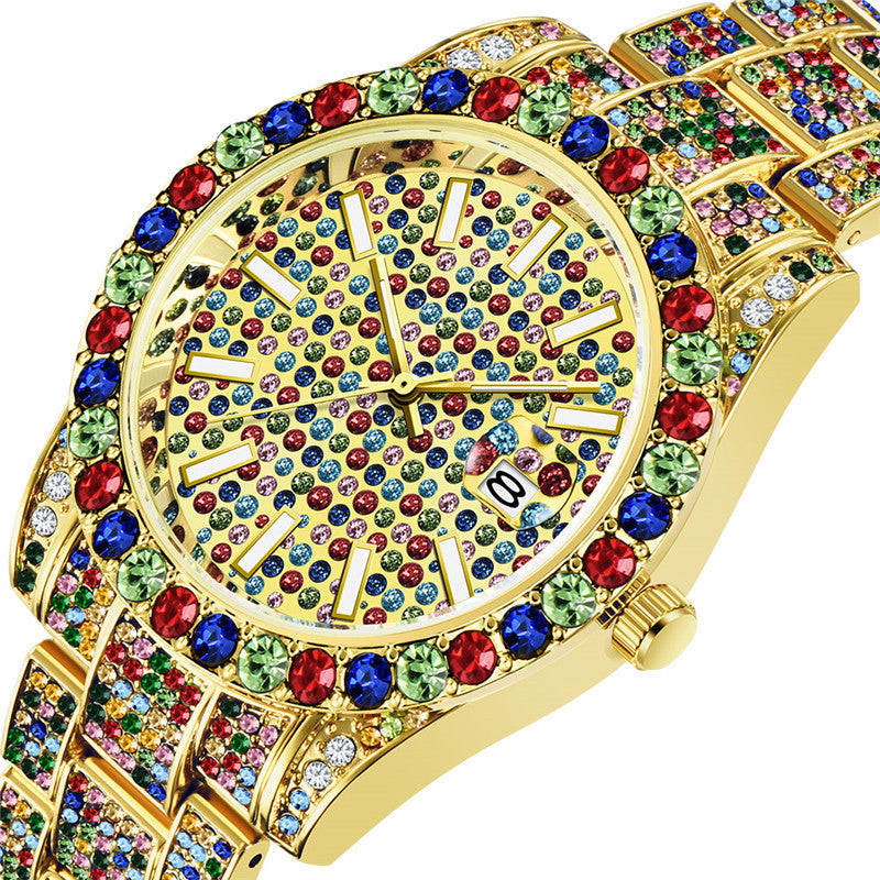 Men’s Hip Hop Diamond Watch | Full Color Quartz Stainless Steel Date Watch