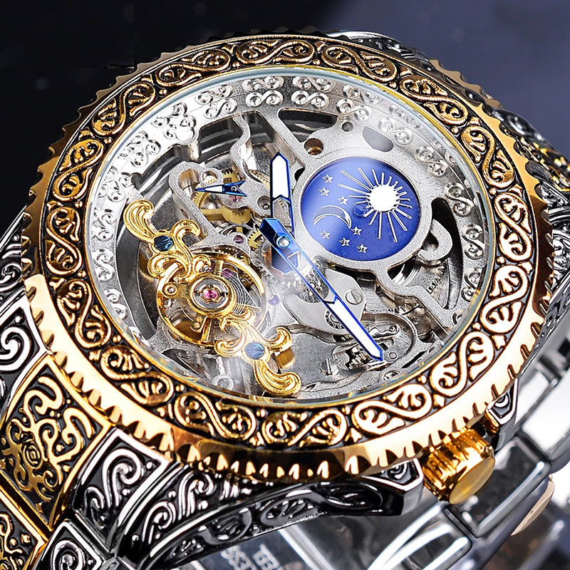 Luxury Men’s Mechanical Watch | Skeleton Carved Tourbillon Stainless Steel Wristwatch