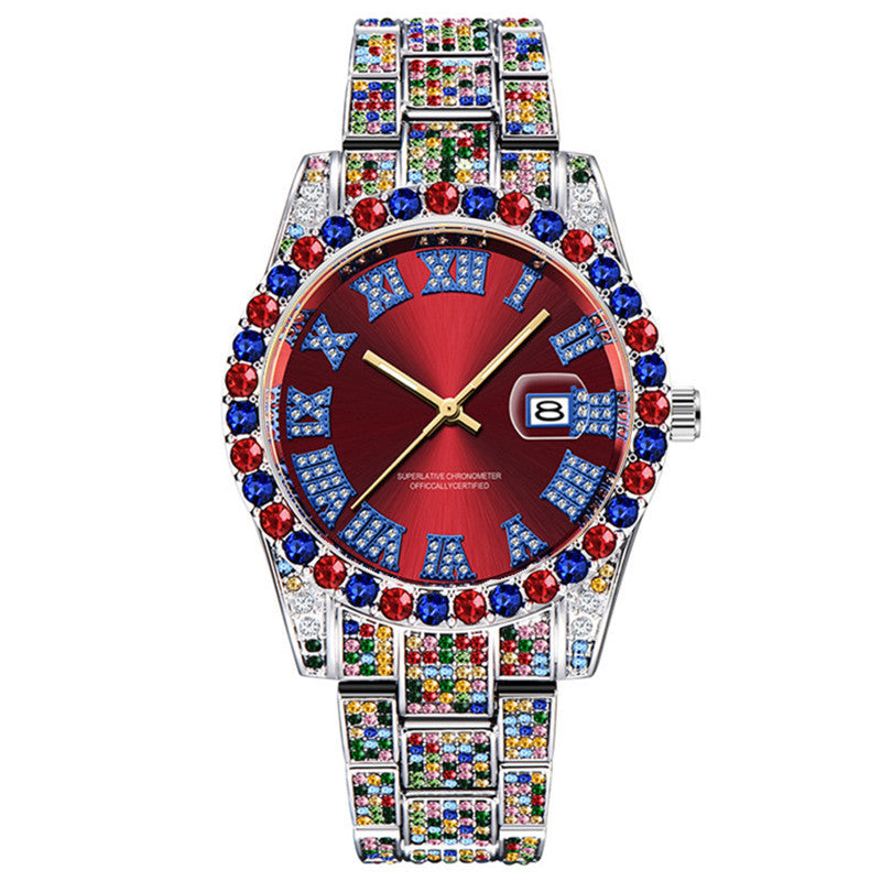 Men’s Hip Hop Diamond Watch | Full Color Quartz Stainless Steel Date Watch