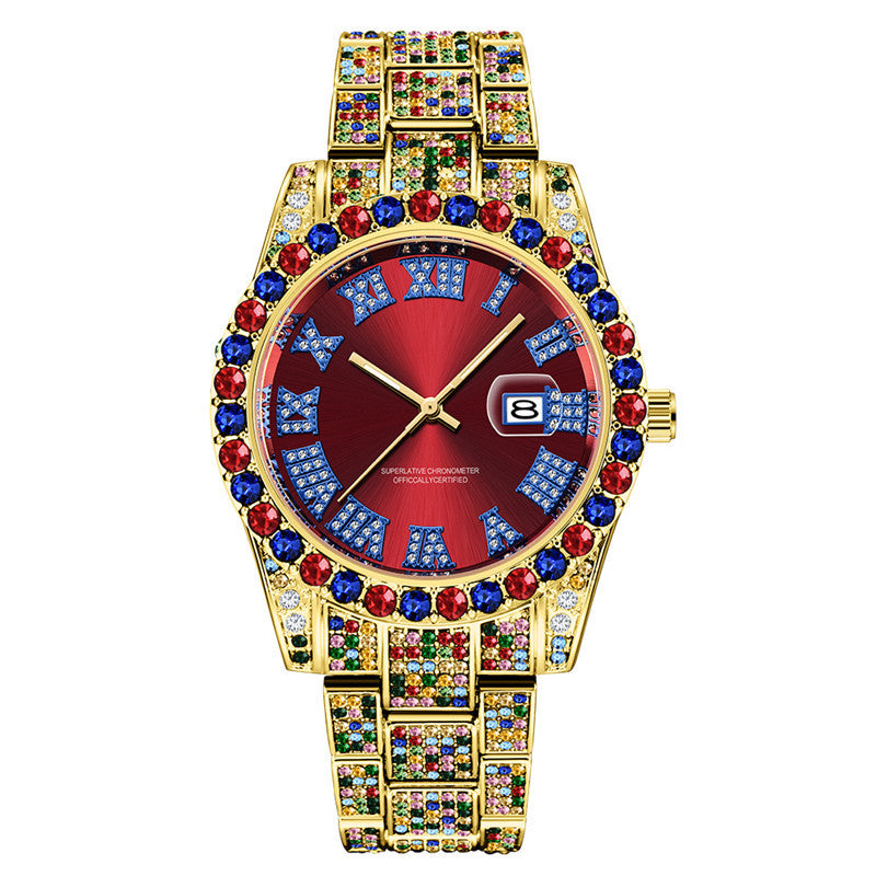 Men’s Hip Hop Diamond Watch | Full Color Quartz Stainless Steel Date Watch