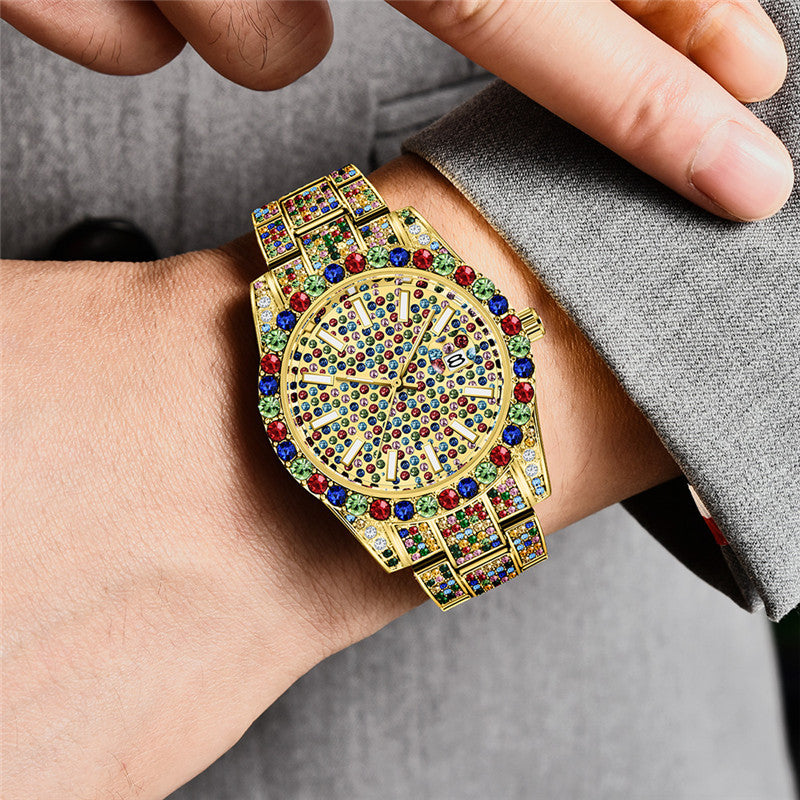 Men’s Hip Hop Diamond Watch | Full Color Quartz Stainless Steel Date Watch