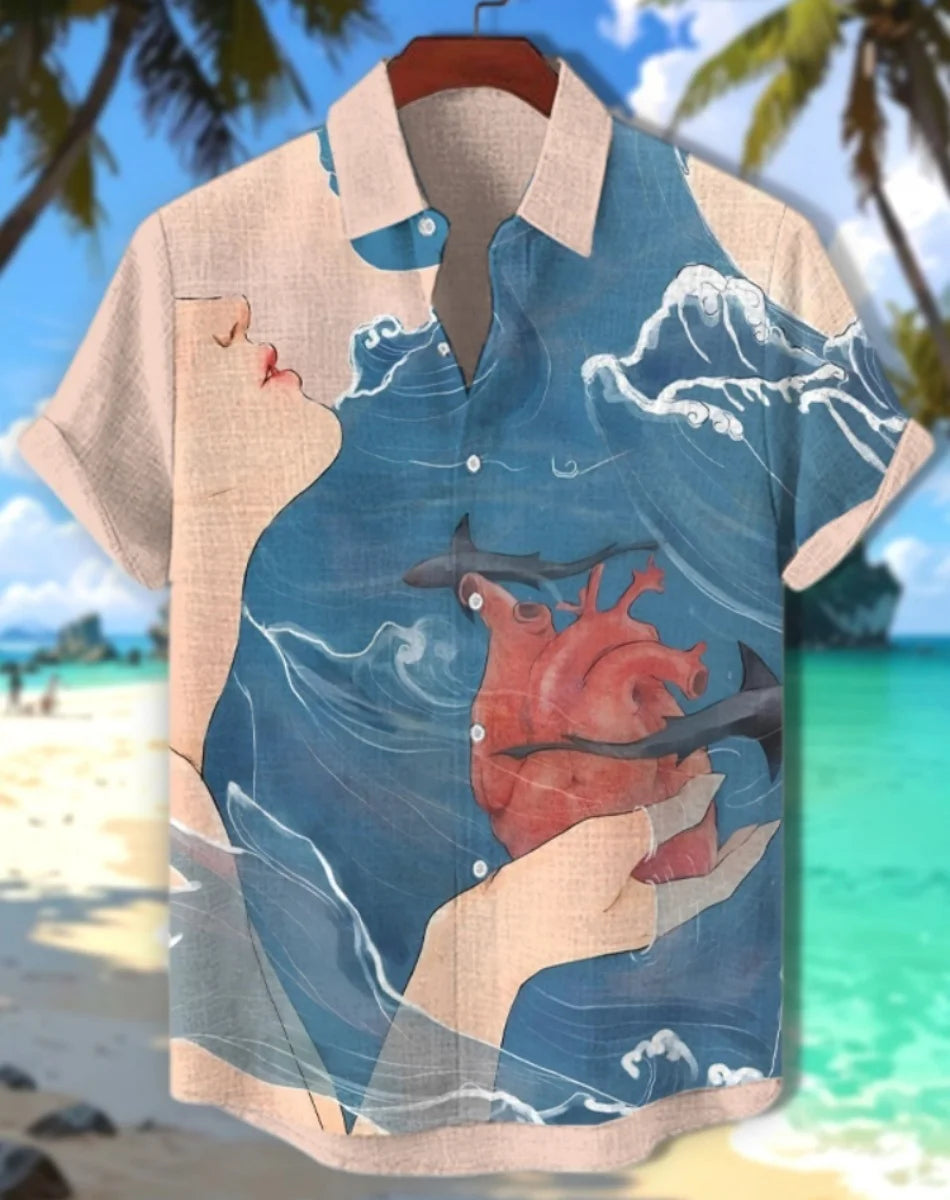 Kavari Royale Hawaiian Men’s Linen Shirt – Abstract Patchwork Art Print Beach Vacation Short Sleeve Casual Wear