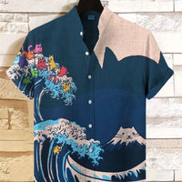 Kavari Royale Hawaiian Men’s Linen Shirt – Abstract Patchwork Art Print Beach Vacation Short Sleeve Casual Wear