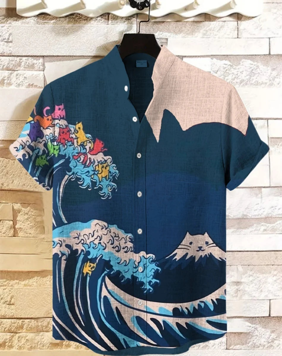 Kavari Royale Hawaiian Men’s Linen Shirt – Abstract Patchwork Art Print Beach Vacation Short Sleeve Casual Wear