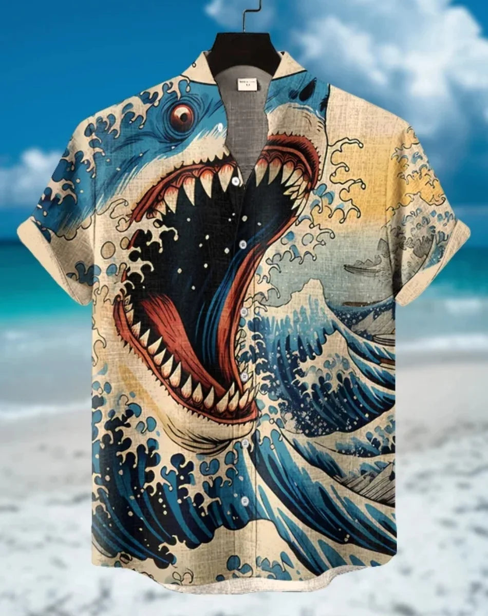 Kavari Royale Hawaiian Men’s Linen Shirt – Abstract Patchwork Art Print Beach Vacation Short Sleeve Casual Wear