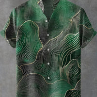 Kavari Royale Hawaiian Men’s Linen Shirt – Abstract Patchwork Art Print Beach Vacation Short Sleeve Casual Wear