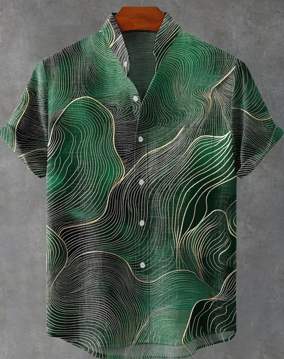 Kavari Royale Hawaiian Men’s Linen Shirt – Abstract Patchwork Art Print Beach Vacation Short Sleeve Casual Wear