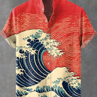 Kavari Royale Hawaiian Men’s Linen Shirt – Abstract Patchwork Art Print Beach Vacation Short Sleeve Casual Wear