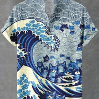 Kavari Royale Hawaiian Men’s Linen Shirt – Abstract Patchwork Art Print Beach Vacation Short Sleeve Casual Wear