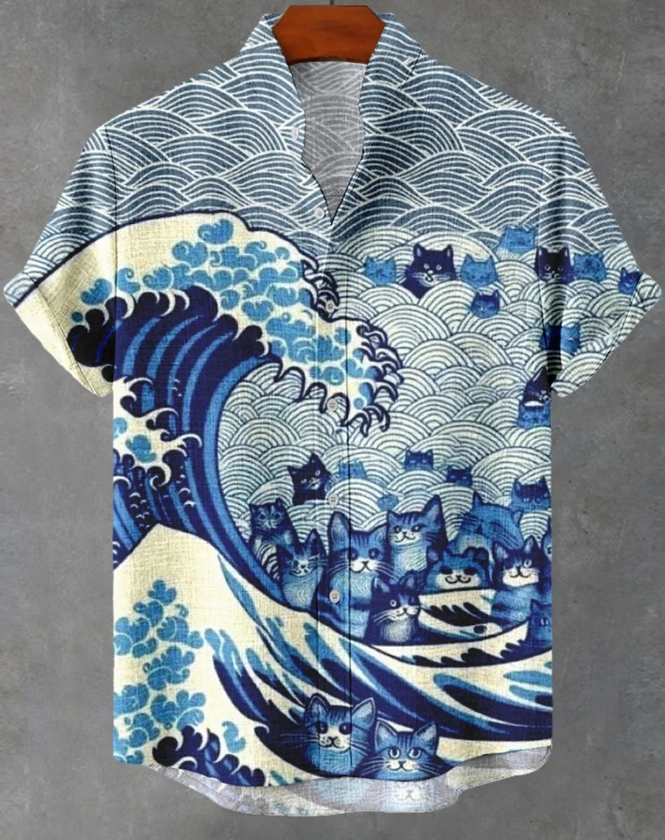 Kavari Royale Hawaiian Men’s Linen Shirt – Abstract Patchwork Art Print Beach Vacation Short Sleeve Casual Wear