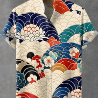 Kavari Royale Hawaiian Men’s Linen Shirt – Abstract Patchwork Art Print Beach Vacation Short Sleeve Casual Wear