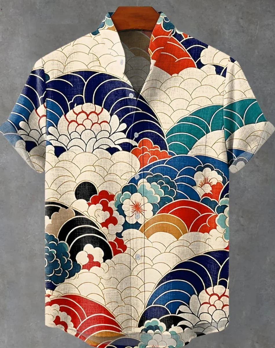 Kavari Royale Hawaiian Men’s Linen Shirt – Abstract Patchwork Art Print Beach Vacation Short Sleeve Casual Wear