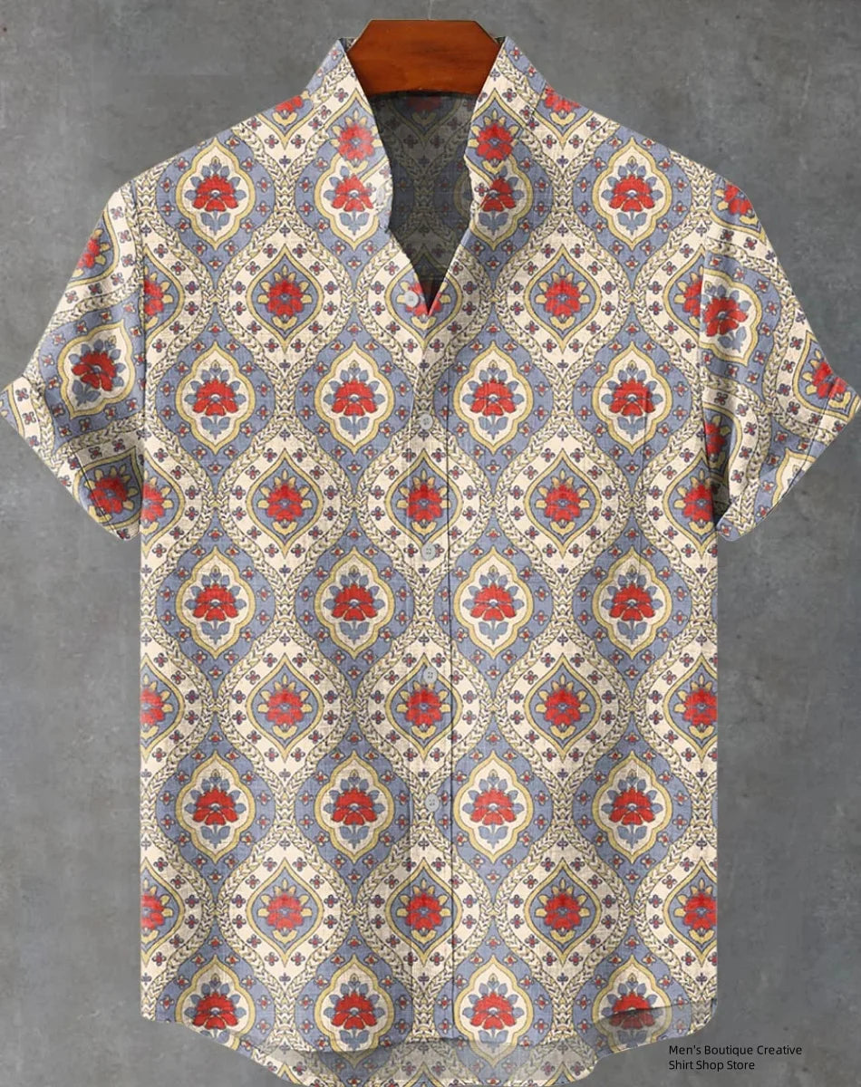 Kavari Royale Ethnic Print Linen Shirt – Men’s Short Sleeve Summer Wear