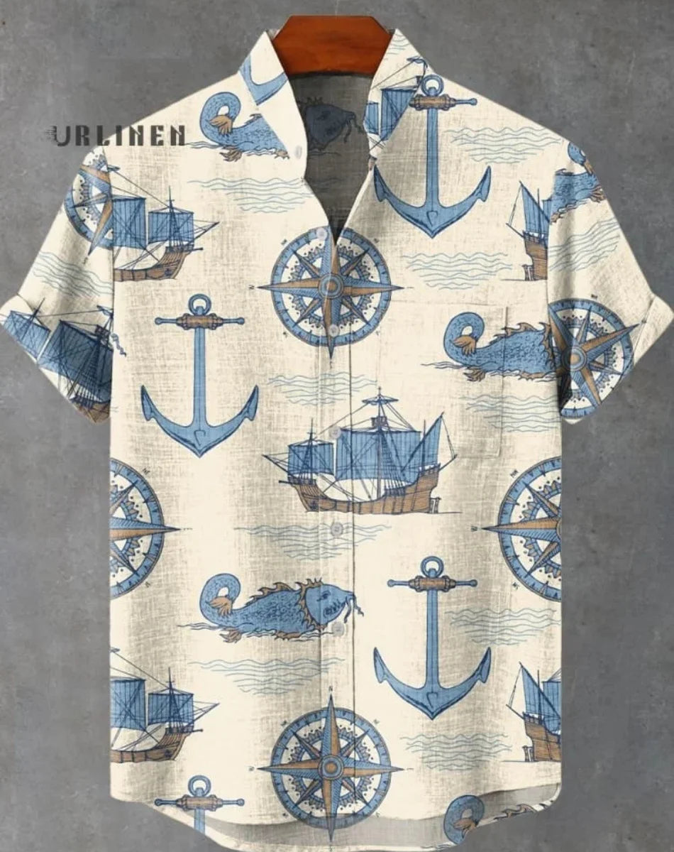 Kavari Royale Hawaiian Men’s Linen Shirt – Abstract Patchwork Art Print Beach Vacation Short Sleeve Casual Wear