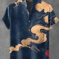 Kavari Royale Hawaiian Men’s Linen Shirt – Abstract Patchwork Art Print Beach Vacation Short Sleeve Casual Wear
