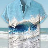 Kavari Royale Hawaiian Men’s Linen Shirt – Abstract Patchwork Art Print Beach Vacation Short Sleeve Casual Wear