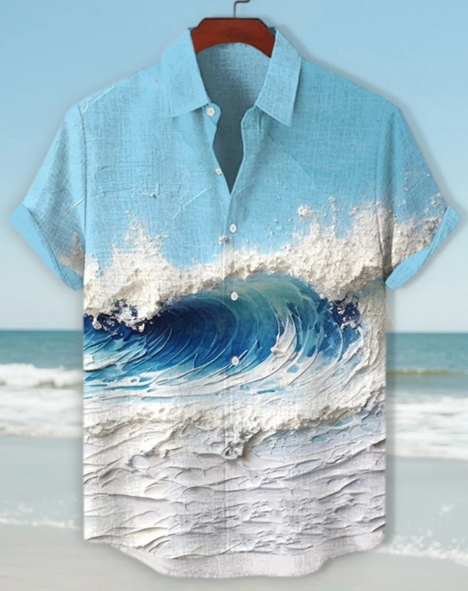 Kavari Royale Hawaiian Men’s Linen Shirt – Abstract Patchwork Art Print Beach Vacation Short Sleeve Casual Wear