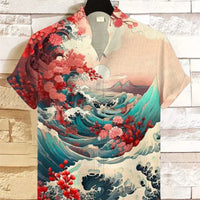 Kavari Royale Hawaiian Men’s Linen Shirt – Abstract Patchwork Art Print Beach Vacation Short Sleeve Casual Wear
