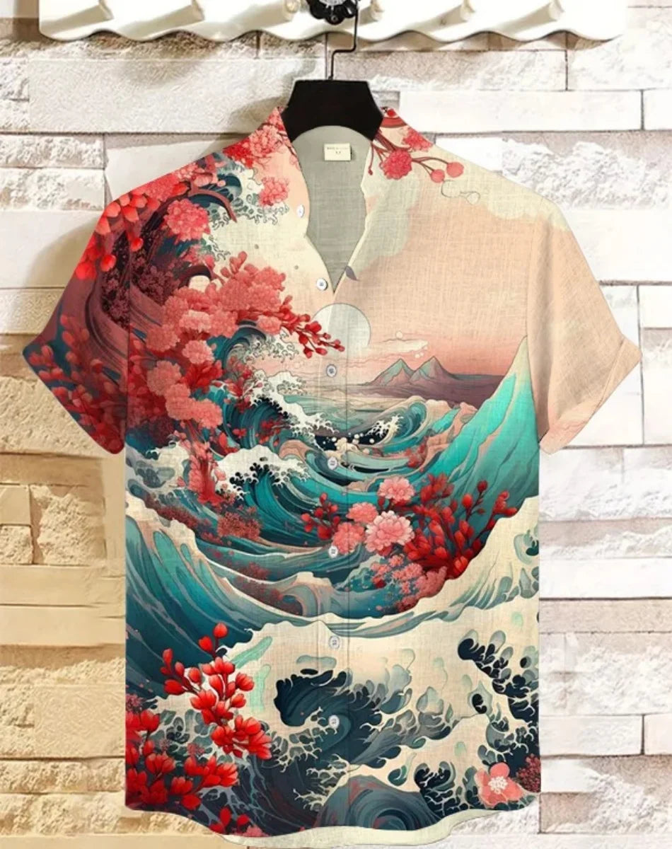 Kavari Royale Hawaiian Men’s Linen Shirt – Abstract Patchwork Art Print Beach Vacation Short Sleeve Casual Wear