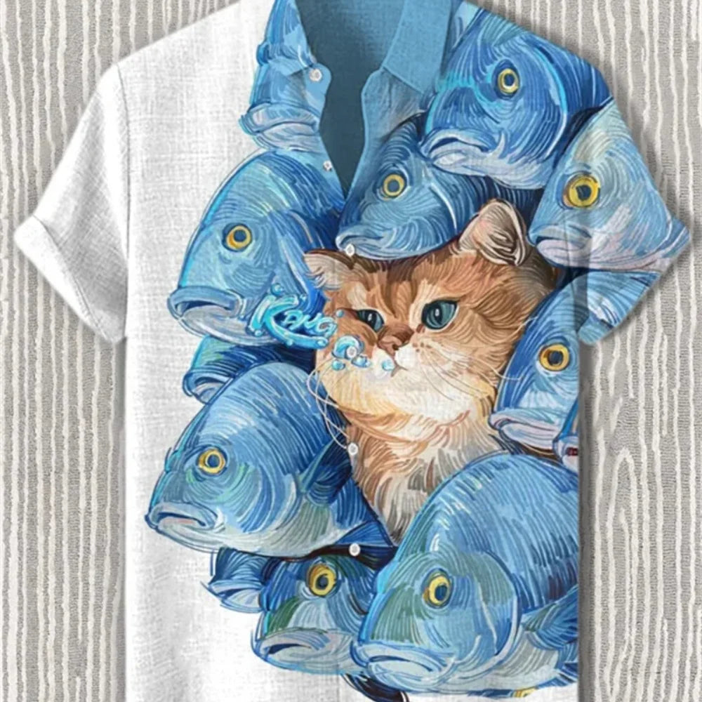Kavari Royale Men’s Desert Pyramid Cat Print Shirt – Short Sleeve Linen Lapel Casual Streetwear