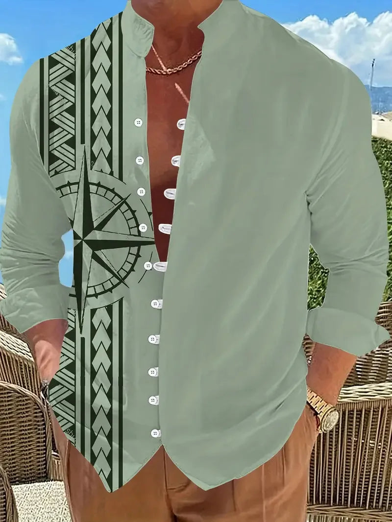 Kavari Royale Men’s Long Sleeve Tribal Print Shirt – Vintage Summer Casual Beach Party Wear